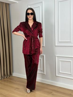 Bordo Omzu Vatkalı Kuşaklı Payetli Ceket Pantolon Takım 556
