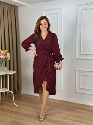 Bordo Önden Burgulu Krep Kumaş Elbise 262661