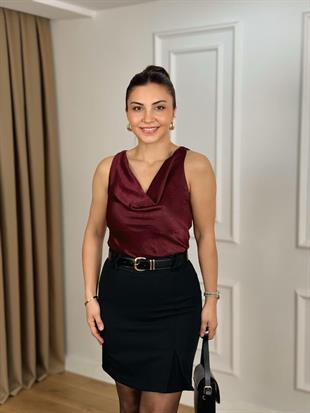 Bordo Sıfır Kol Degaje Yaka Bluz 262472