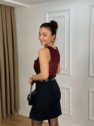 Bordo Sıfır Kol Degaje Yaka Bluz 262472