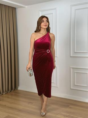 Bordo Tek Omuz Yanı Gümüş Tokalı Taşlı Kadife Elbise 262706