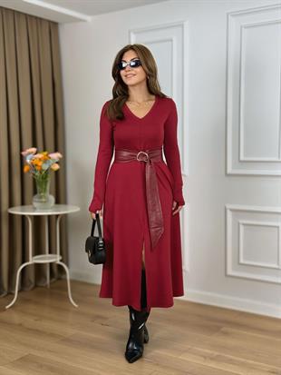 Bordo V Yaka Deri Kemerli Yırtmaçlı Çelik Kumaş Elbise 112014