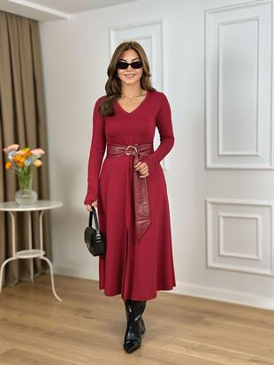 Bordo V Yaka Deri Kemerli Yırtmaçlı Çelik Kumaş Elbise 112014