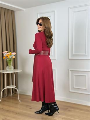 Bordo V Yaka Deri Kemerli Yırtmaçlı Çelik Kumaş Elbise 112014