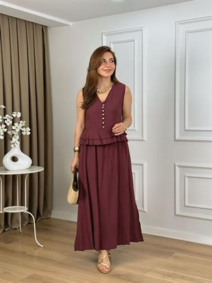 Bordo V Yaka Düğme Detaylı  Bluz Etek Takım 269002