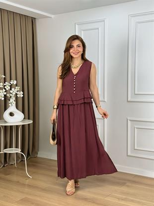 Bordo V Yaka Düğme Detaylı  Bluz Etek Takım 269002