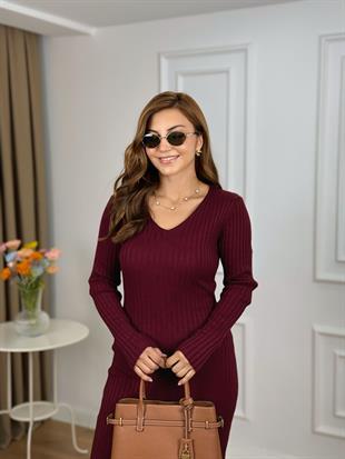 Bordo V Yaka Fitilli Kemerli Triko Elbise 7398