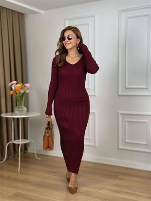 Bordo V Yaka Fitilli Kemerli Triko Elbise 7398