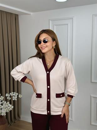 Bordo V Yaka Gold Düğmeli Modal Kumaş Hırka Takım 2304