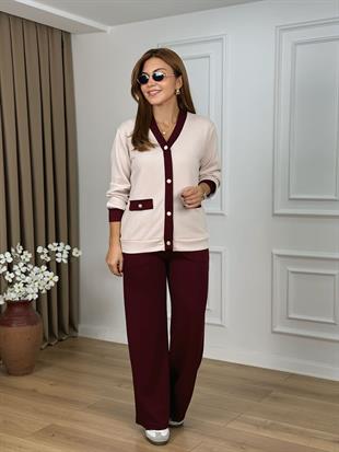 Bordo V Yaka Gold Düğmeli Modal Kumaş Hırka Takım 2304