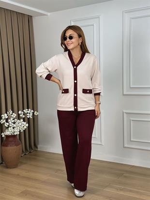 Bordo V Yaka Gold Düğmeli Modal Kumaş Hırka Takım 2304