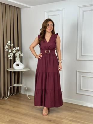 Bordo V Yaka Gold Tokalı Yırtmaçlı Elbise 265124