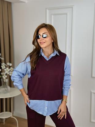 Bordo V Yaka Gömlek Detaylı Çizgili Modal Kumaş Eşofman Takımı 5486