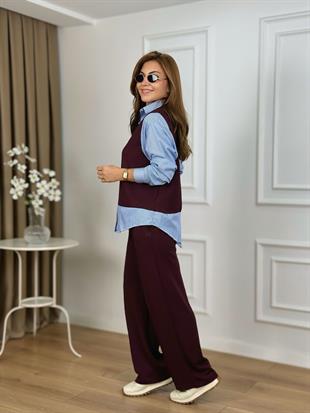 Bordo V Yaka Gömlek Detaylı Çizgili Modal Kumaş Eşofman Takımı 5486