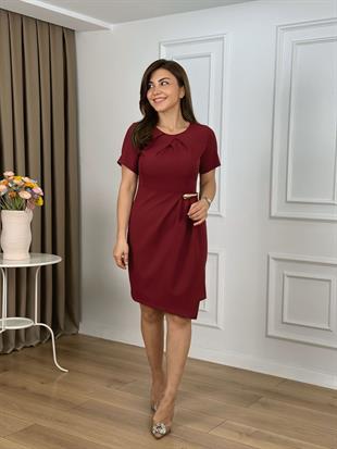Bordo Yaka Kırma Detaylı Elbise 265128