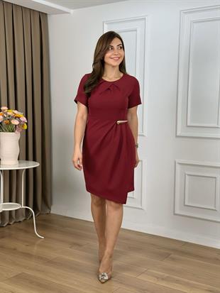 Bordo Yaka Kırma Detaylı Elbise 265128