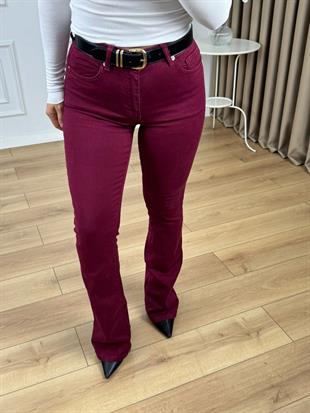 Bordo Yüksek Bel Likralı İspanyol Paça Jean 867