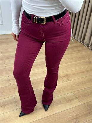 Bordo Yüksek Bel Likralı İspanyol Paça Jean 867