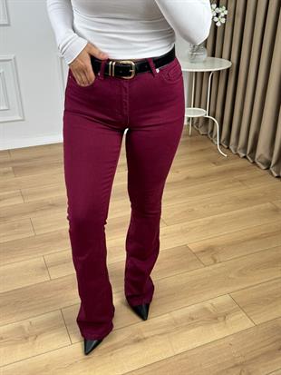 Bordo Yüksek Bel Likralı İspanyol Paça Jean 867