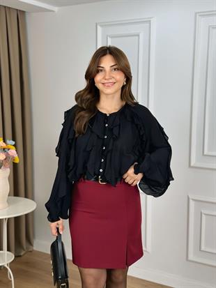 Bordo Yüksek Bel Pile Detaylı Korsajlı Atlas Kumaş Etek 267063