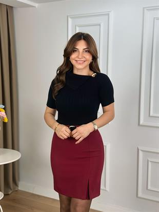 Bordo Yüksek Bel Pile Detaylı Korsajlı Atlas Kumaş Etek 267063