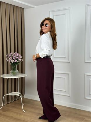 Bordo Yüksek Bel Pileli Palazzo Pantolon 51024