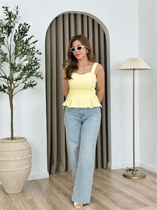Buz Mavi Yüksek Bel Yıldız Taşlı Palazzo Pantolon 8290