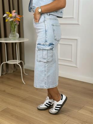 Buz Mavi Yüksel Bel Kargo Cepli Likralı Denim Kumaş Etek 1023