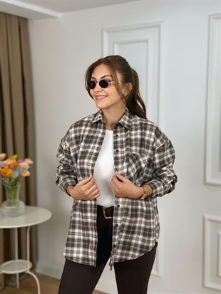 Camel Düğmeli Ekose Desenli Gömlek 2227