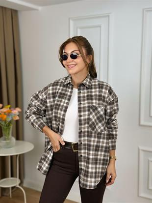 Camel Düğmeli Ekose Desenli Gömlek 2227