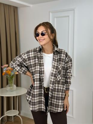 Camel Düğmeli Ekose Desenli Gömlek 2227