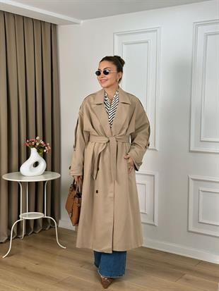 Camel Kuşaklı Astarlı Lüks Kalite Poliviskon Trenchcoat 9477