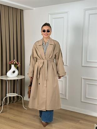 Camel Kuşaklı Astarlı Lüks Kalite Poliviskon Trenchcoat 9477
