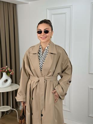 Camel Kuşaklı Astarlı Lüks Kalite Poliviskon Trenchcoat 9477