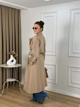 Camel Kuşaklı Astarlı Lüks Kalite Poliviskon Trenchcoat 9477
