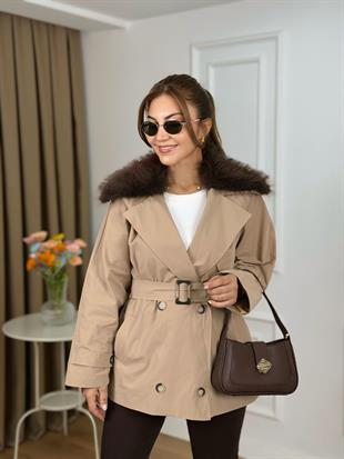 Camel Yakası Kürklü Astarlı Kemerli Trenchcoat 6298