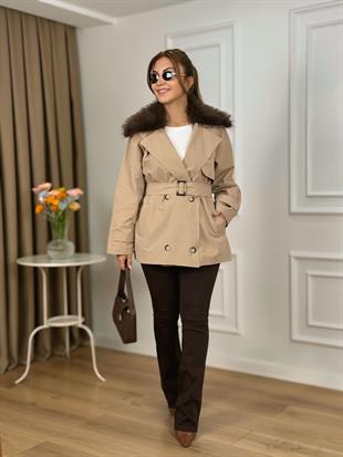 Camel Yakası Kürklü Astarlı Kemerli Trenchcoat 6298
