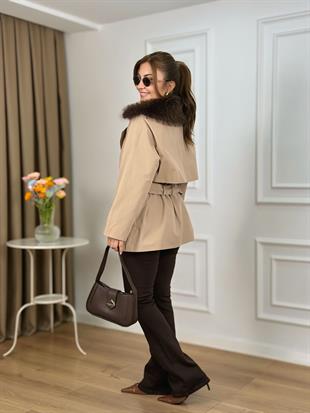 Camel Yakası Kürklü Astarlı Kemerli Trenchcoat 6298