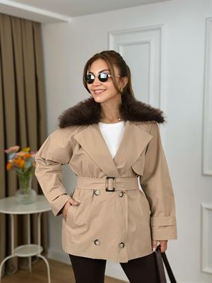 Camel Yakası Kürklü Astarlı Kemerli Trenchcoat 6298