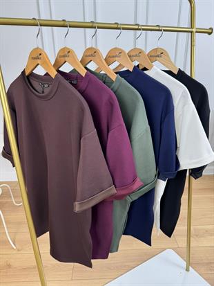 Ekru Bisiklet Yaka Double Kol Yandan Yırtmaçlı Modal Kumaş Tshirt 26131