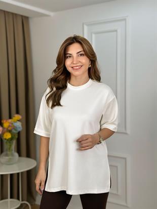 Ekru Bisiklet Yaka Double Kol Yandan Yırtmaçlı Modal Kumaş Tshirt 26131