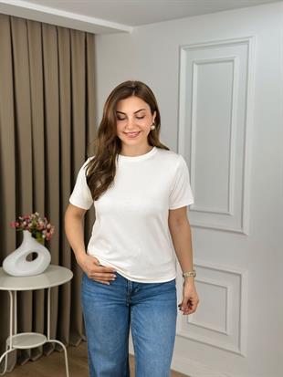 Ekru Bisiklet Yaka Taşlı Modal Kumaş Tshirt 26151