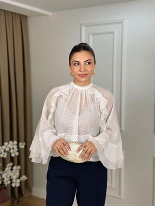 Ekru Bisiklet Yaka Volanlı Boyundan Bağlamalı Pamuk Keten Bluz 5009