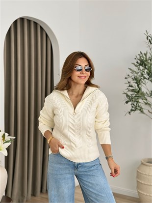 Ekru Dik Yaka Fermuarlı Triko Kazak 25713