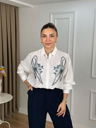 Ekru Fiyonk Nakışlı Gömlek 261405