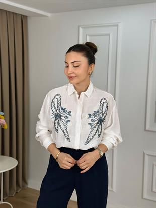 Ekru Fiyonk Nakışlı Gömlek 261405
