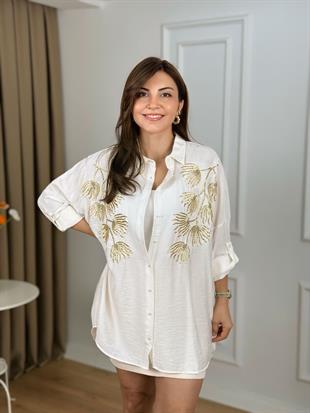 Ekru Lale Nakışlı Gömlek 10442