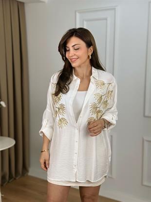 Ekru Lale Nakışlı Gömlek 10442