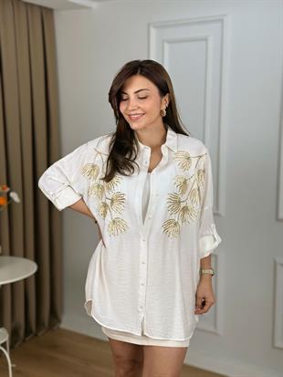 Ekru Lale Nakışlı Gömlek 10442