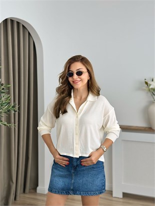 Ekru Polo Yaka Düğmeli Merserize Triko 5490
